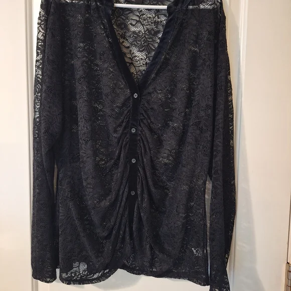 Lane Bryant Black Lace Button Front Top Size 20 Sheer Ruched Blouse Velvet Trim - Picture 7 of 14